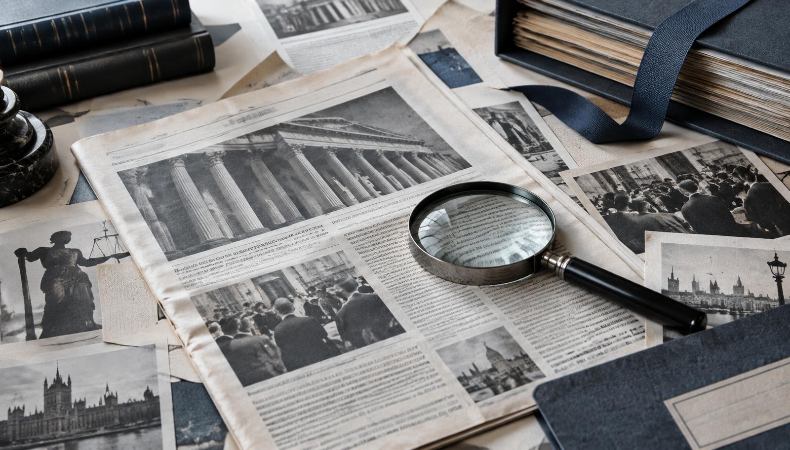 A curated desk of newspapers and press clippings